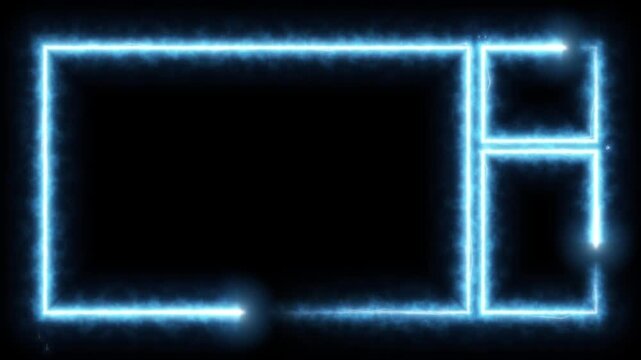 Blue electric border frame layout, one large and two small panels with energy pulses tracing edges on black
