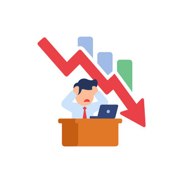 Businessman experiencing workplace stress with a red downward financial market trend arrow above his desk.
