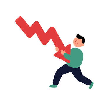 Man struggling to hold up a heavy red downward trending arrow representing economic collapse and financial hardship.