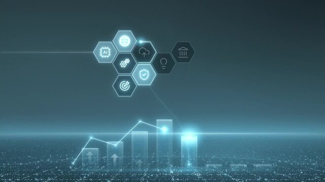 Business growth bar chart rising with exponential arrow as hexagon icons light up over a digital city grid