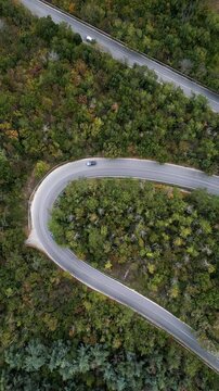 Aerial top view of winding hairpin road through autumn forest with moving car