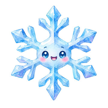 Cute Watercolor Snowflake Character with Kawaii Face Isolated on White Background