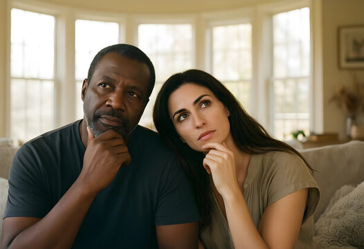 Relationship challenges and communication, diverse couple thinking and reflecting together at home with serious expressions and pensive mood
