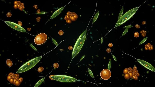 Microscopic organic particles and green leaves on black background. 4K Alpha Channel