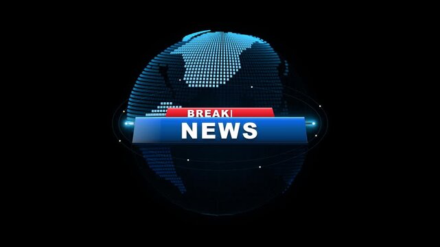 Digital rotating globe with breaking news broadcast banner. 4K Alpha Channel
