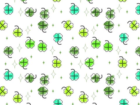 Four leaf clover seamless pattern background with green shamrocks and sparkling stars on white for St. Patrick's Day, good luck concept, wrapping paper, or fabric design.