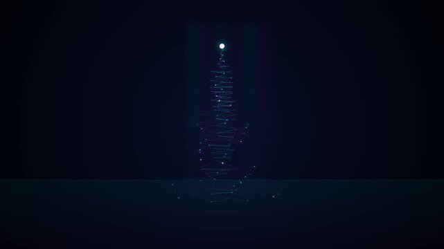 Futuristic holographic 3D Christmas tree formed by glowing cyan and violet plexus data lines and digital particles rotating against dark cyberspace grid, modern sci fi holiday animation