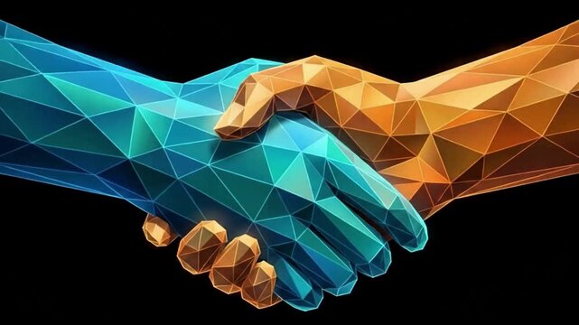 3D, a triangle vector illustration forming a handshake, black background