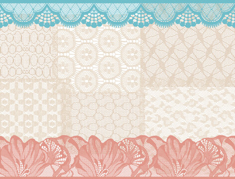 A design layout featuring a combination of lace borders and fabric sections.