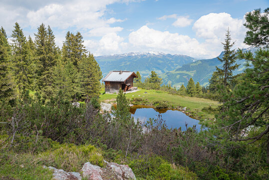 Cabin by the pond at Penkenberg mountain, zillertal alps