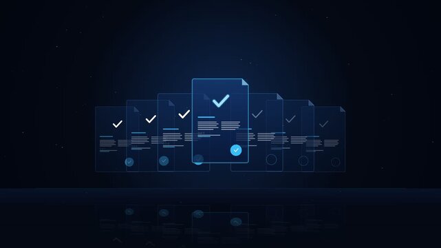 Electronic Contract Documents Receiving Digital Approval Stamp on Holographic Blue Interface