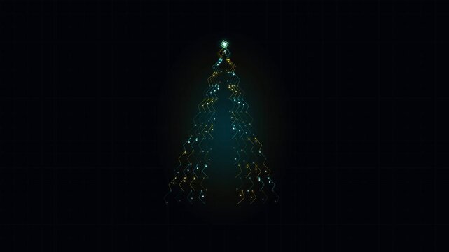 Glowing circuit paths form digital wireframe Christmas tree with flowing cyber pulses and illuminated microchip nodes on dark grid background, modern high-tech holiday celebration concept