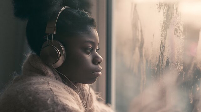 Young woman listening to music with headphones by a winter window