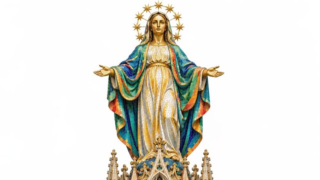 Milan, Italy, La Madonnina depicted as a colorful mosaic Virgin Mary with a golden halo of stars and open arms above Gothic cathedral pinnacles, isolated on white as a symbol of city protection.