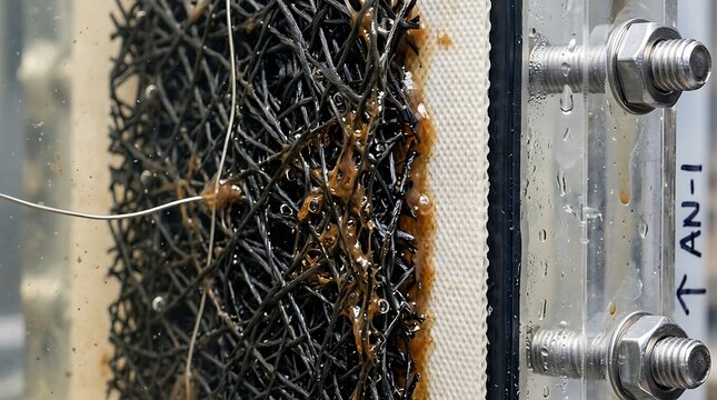 Close-up of a honeycomb structure reveals intricate hexagonal patterns with bees and natural debris on a rustic wooden surface.