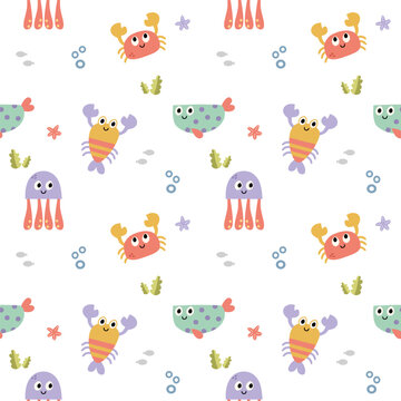 Marine life colorful hand drawn cartoon so cute. On crab fish squid shrimp starfish seaweed bubbles background. Pattern seamless vector illustration. 