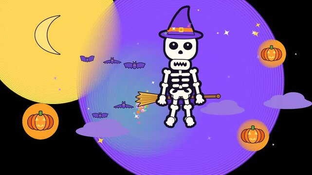 Funny skeleton character wearing cape riding a flying witch broom in a spooky Halloween night with alpha transparency