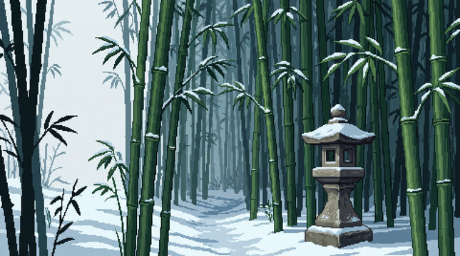 Pixel art bamboo forest in snow with traditional stone lantern