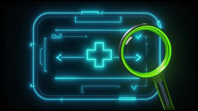 Neon cursor selects a glowing interface element on a dark background