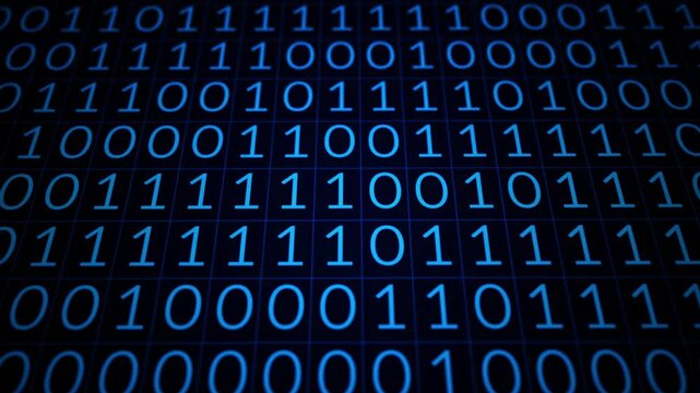 Abstract background featuring binary code pattern with digital blue numbers a dark screen filled with a repetitive grid of ones and zeros representing