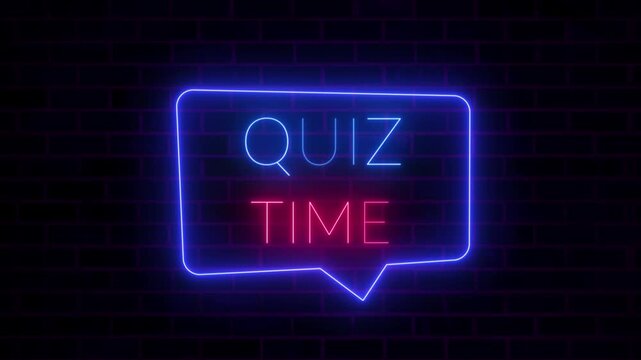 Blue neon sign displaying the text quiz time on a dark brick wall game trivia contest question interactive