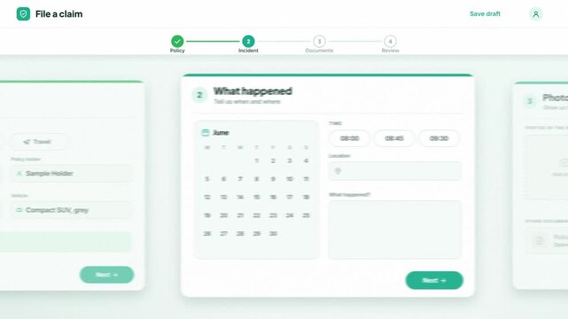 Car insurance claim app interface, online form steps through policy, incident, damage photos and payout