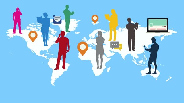 People silhouettes interacting with digital devices on world map background a diverse set of connected to global communication, featuring mobile users