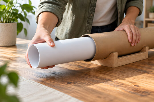 Hands inserting rolled paper into a cardboard mailing tube