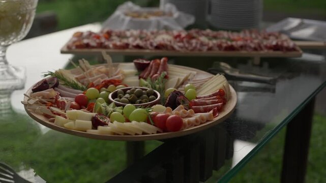 Round wooden board of cheese cubes, sliced sausage, green olives, grapes and cherry tomatoes on a glass buffet table outdoors, more cured meats behind.