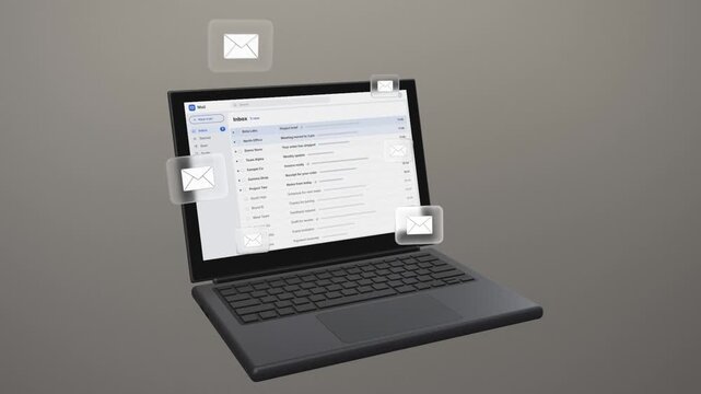 Laptop opens to a mail inbox as new messages arrive and frosted glass envelope icons gather around the screen