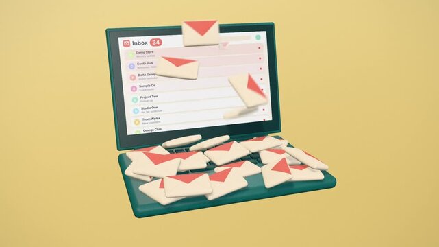 Email overload, envelopes pour out of a laptop screen and pile on the keyboard as the inbox counter hits 99+
