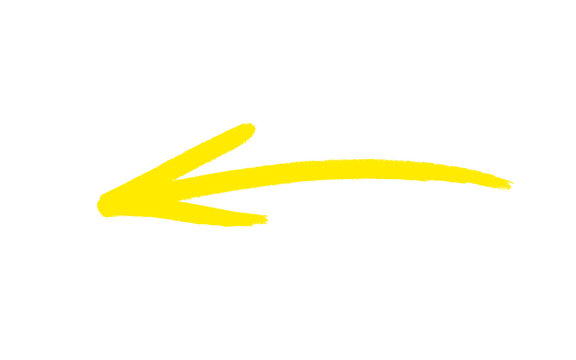 Bright yellow arrow pointing left isolated on white background, minimalist abstract graphic design symbol, modern creative direction sign vector style, vibrant yellow pointer for digital banners, navi