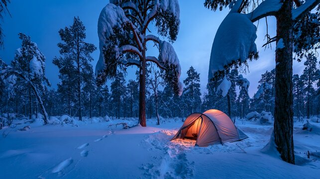 Cozy orange tent set up in a snowy forest at twilight