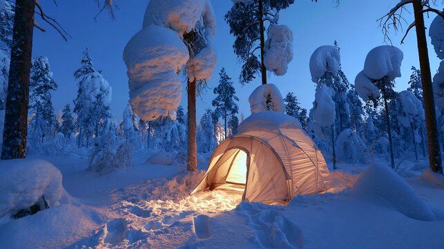 Cozy orange tent set up in a snowy forest at twilight