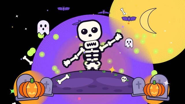 Spooky funny skeleton playing peekaboo behind a graveyard tombstone on a magical Halloween night with alpha transparency