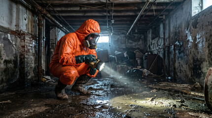 Obraz premium An inspector in an orange protective suit and a gas mask examines a damp, dark basement filled with dirty water and mud, assessing the spread of mold and the risks associated with toxic biological