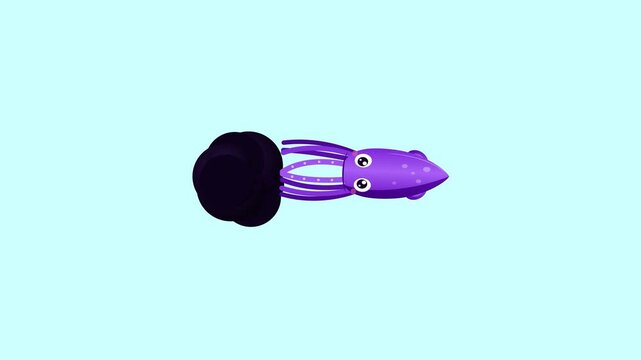 Purple cartoon squid animation sprite sheet on blue background