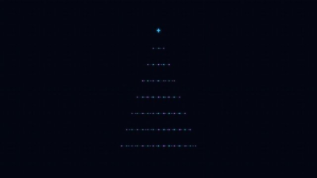 Digital technology Christmas tree formed by glowing cyan and violet circuit board tracks and pulsating data packets on illuminated tech grid, futuristic cybernetic holiday background