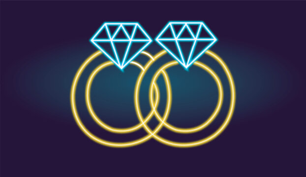 Glowing neon wedding rings with diamonds vector illustration isolated on dark background