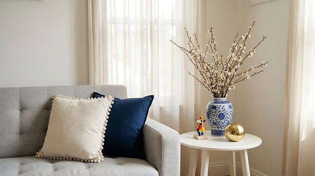 Blue and white porcelain vase with flowering branches on a round side