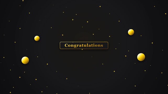 Luxury congratulations title sequence with floating metallic gold spheres and glowing champagne particles on dark matte charcoal podium, rotational camera glide, prestigious VIP mood