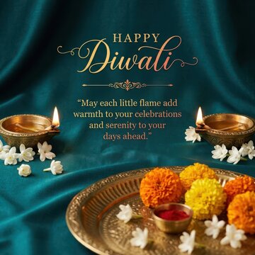 Teal silk fabric background with golden diya lamps and vibrant marigold flowers for traditional hindu diwali festival art.