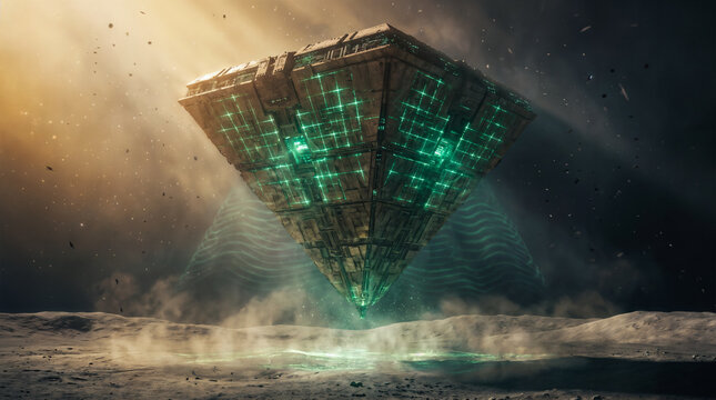 A massive inverted pyramid terraforming station hovering above a barren moon surface, emitting a green energy glow and stirring regolith dust.