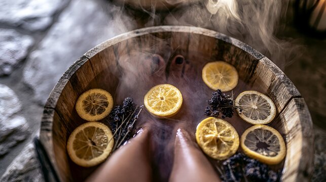 Person soaking feet in a warm water basin with herbs in winter