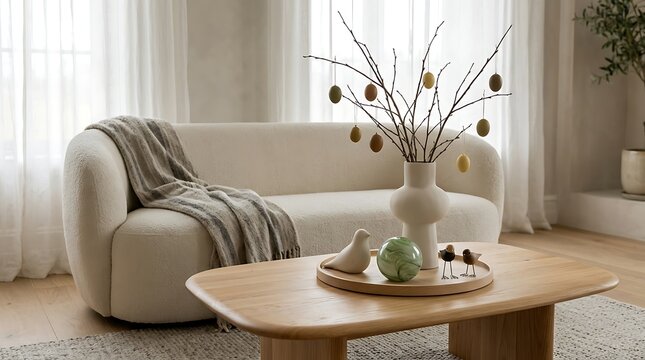 Easter egg branches in vase with bird figurines on wooden coffee