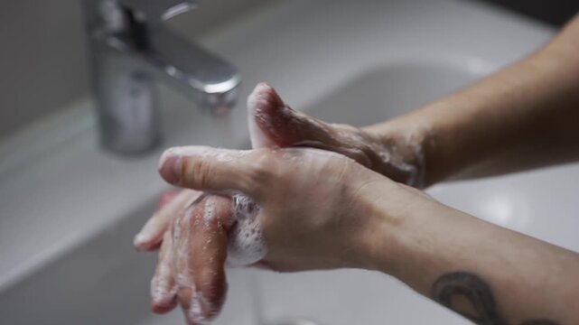 Clean hands washed with soap under a stream of water in the bathroom