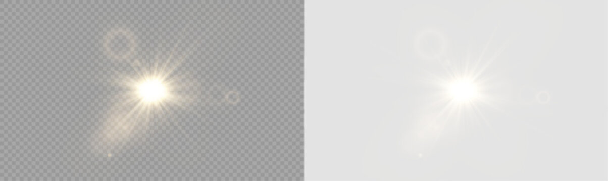 Png Light with Sun Glare. Overlay sun, Sunrays, and Glare in PNG Format. Gold Flare and Glare. PNG sun isolated on transparent background. Stock royalty free.