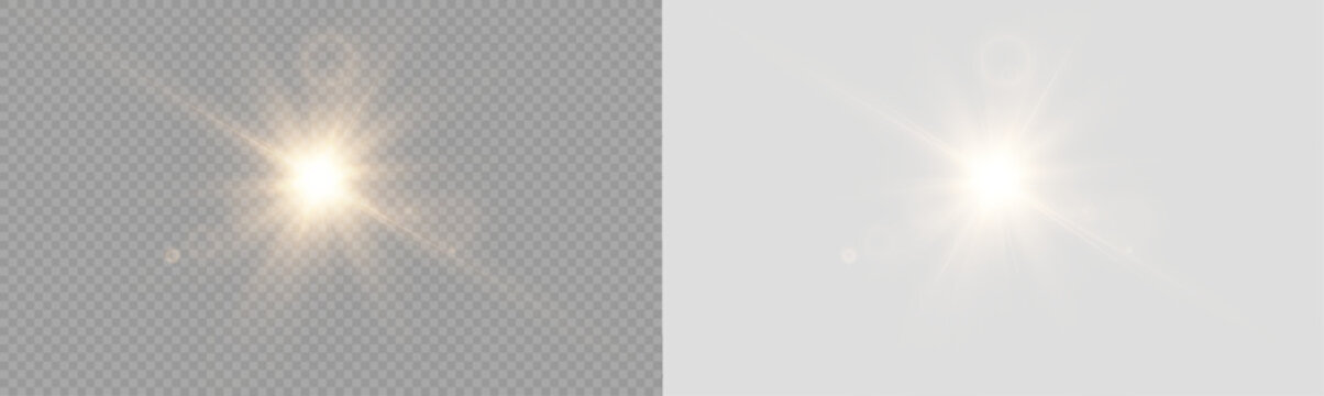 Png Light with Sun Glare. Overlay sun, Sunrays, and Glare in PNG Format. Gold Flare and Glare. PNG sun isolated on transparent background. Stock royalty free.