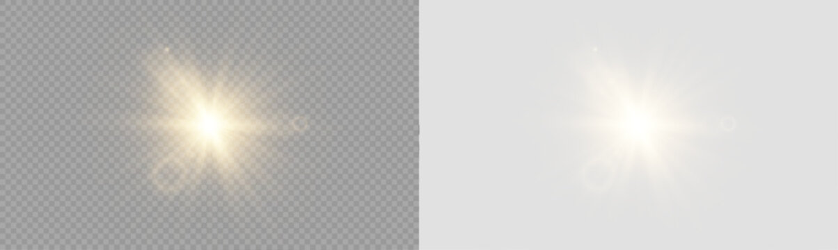 Yellow star flashed with sparkles sun isolated on white background. Soft glow without departing rays, sunlight with lens flare effect. PNG vector light effect