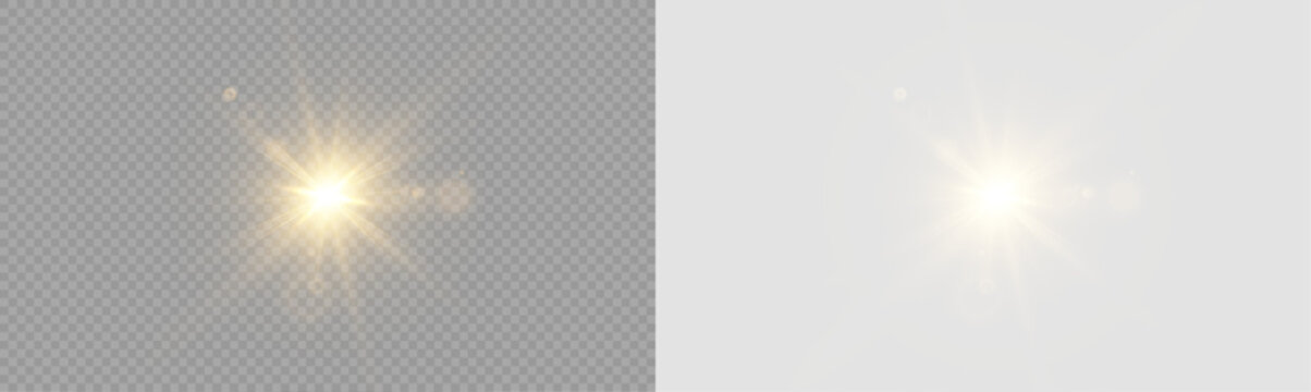 Yellow star flashed with sparkles sun isolated on white background. Soft glow without departing rays, sunlight with lens flare effect. PNG vector light effect